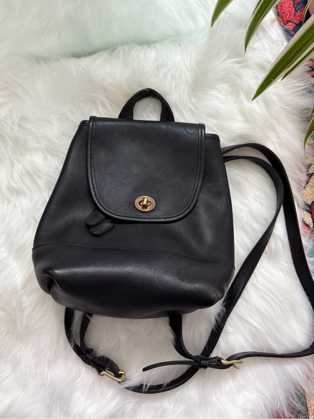 Coach Black Leather Mini Backpack with Gold-Tone Turnlock